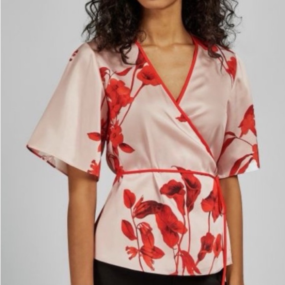 Silky Red Floral Wrap Top - Unbranded - Picture 1 of 6